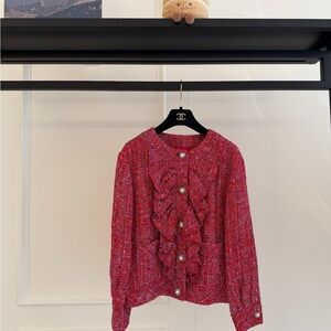 Authentic CHANEL Pink Tweed Ruffle Jacket with Pearl Buttons